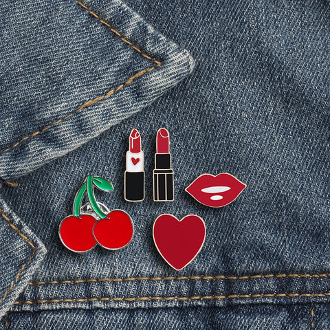 Lipstick Lip Love Heart Cherry Mini Brooch